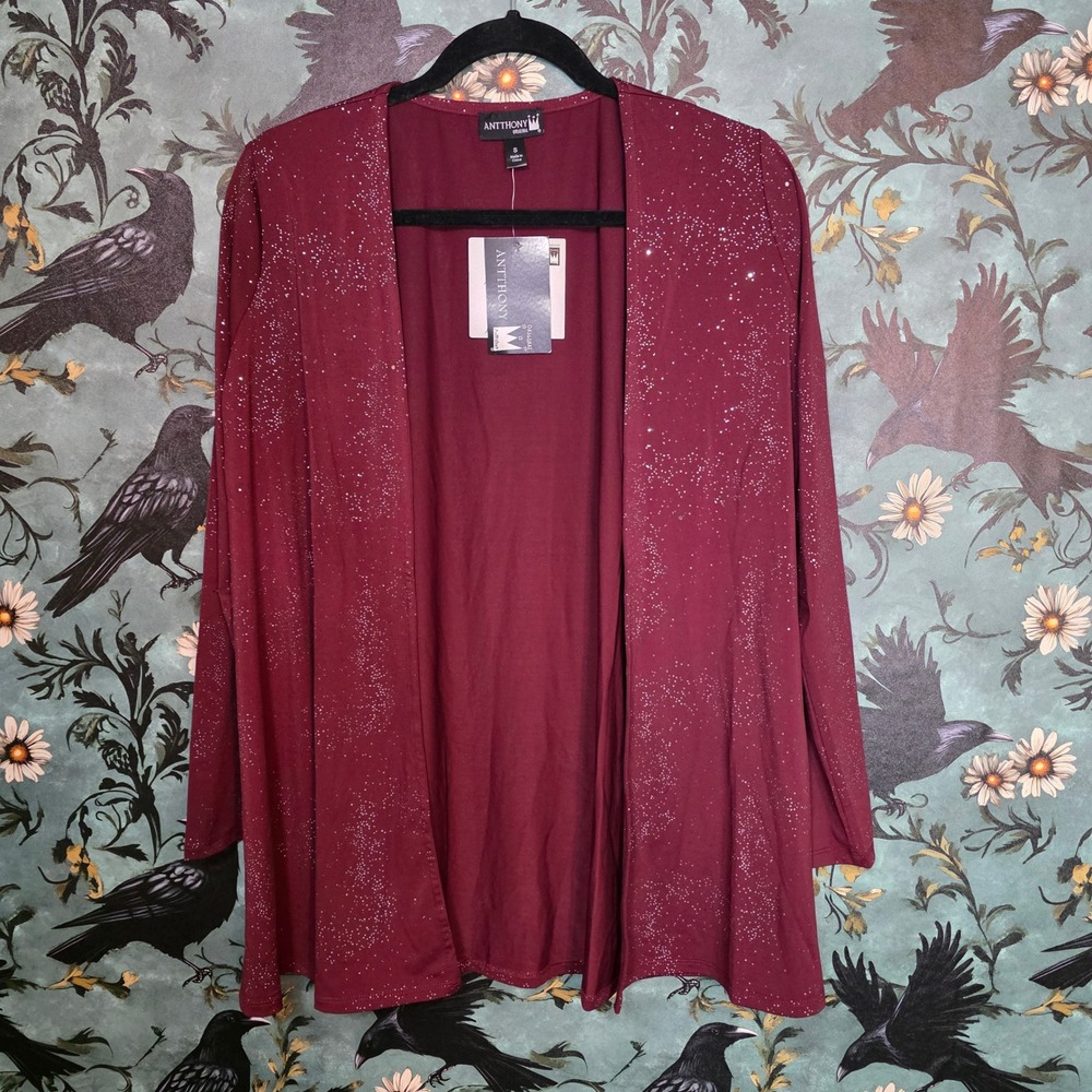 Antthony Cardigan Burgundy Glitter Sparkle Open Front Holiday Evening Glam Small